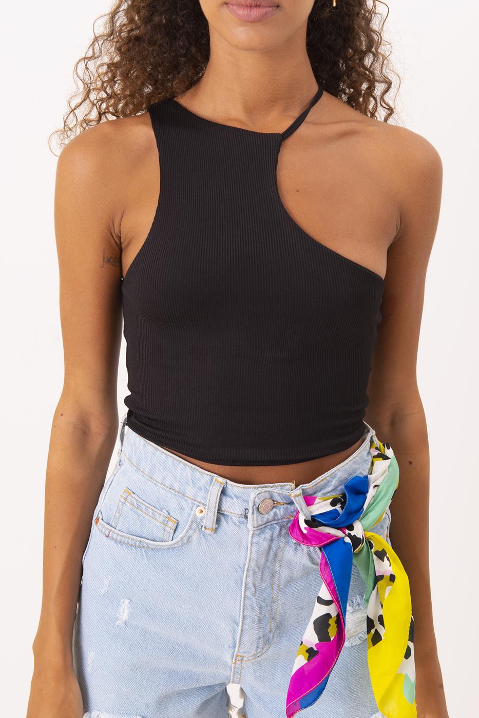 Bayan Siyah Tek Omuz Asimetrik Kesim Crop Body