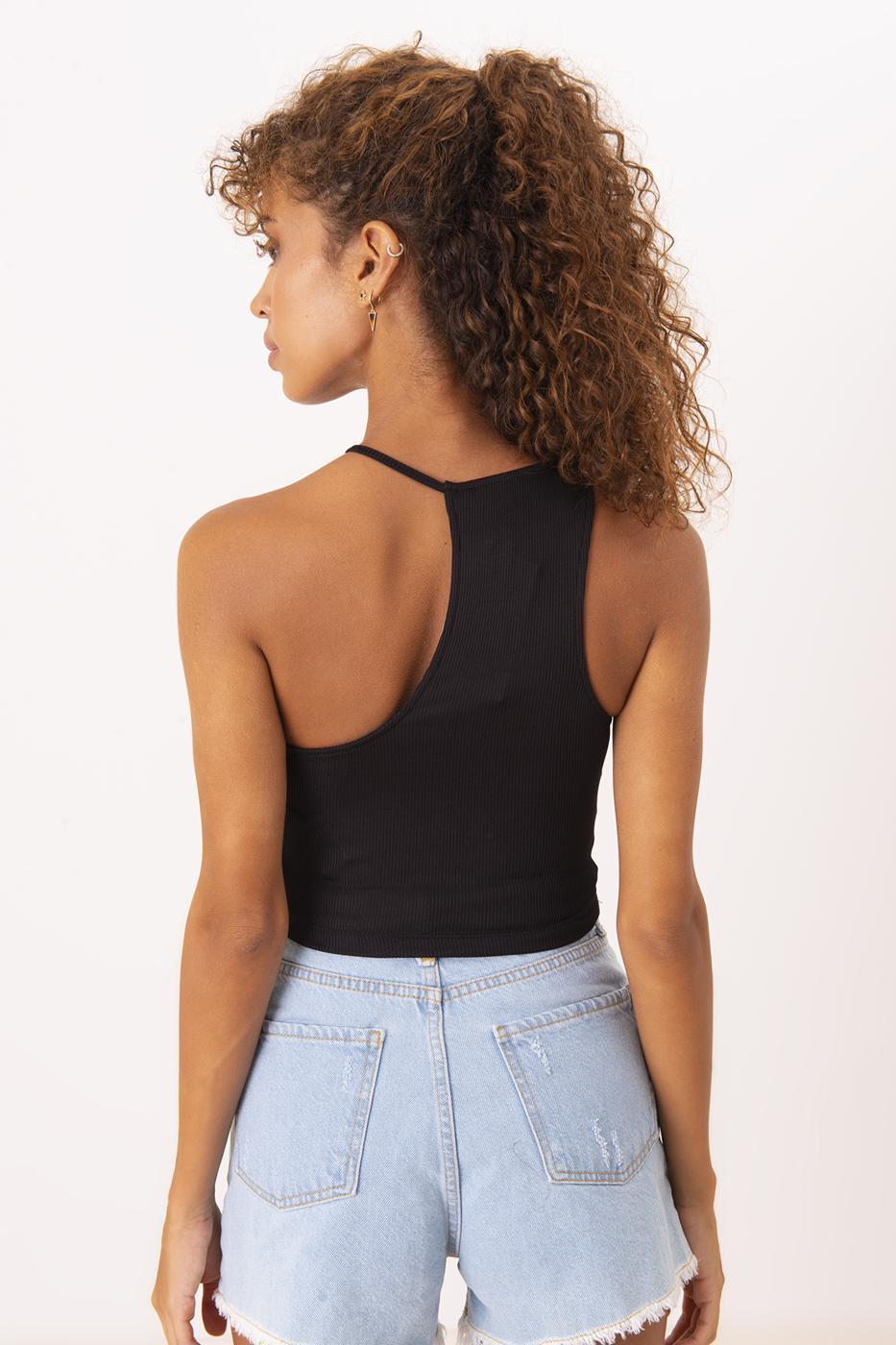 Bayan Siyah Tek Omuz Asimetrik Kesim Crop Body