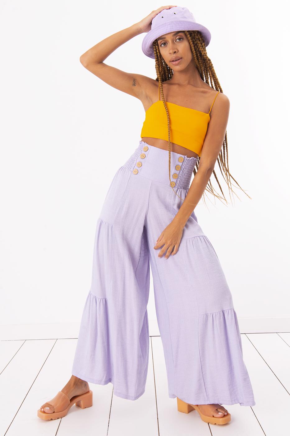 Bayan Lila Düğme Detaylı Bol Pantolon