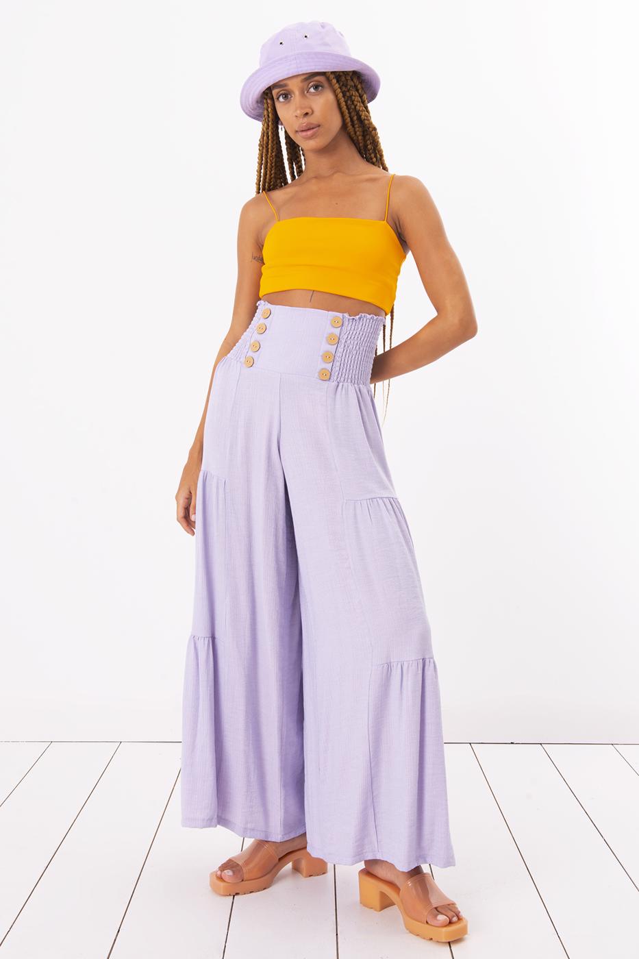 Bayan Lila Düğme Detaylı Bol Pantolon