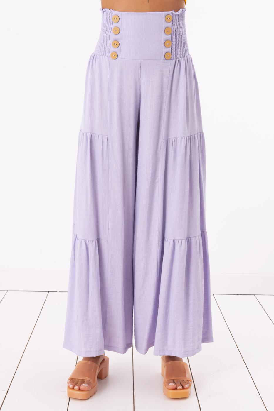 Bayan Lila Düğme Detaylı Bol Pantolon