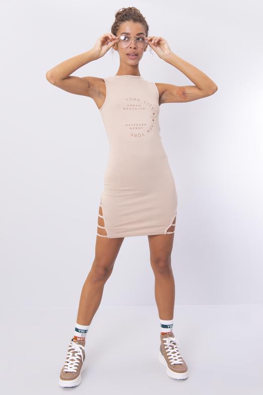 Bayan Bej Ön Baskı Detaylı Mini Elbise - BSL