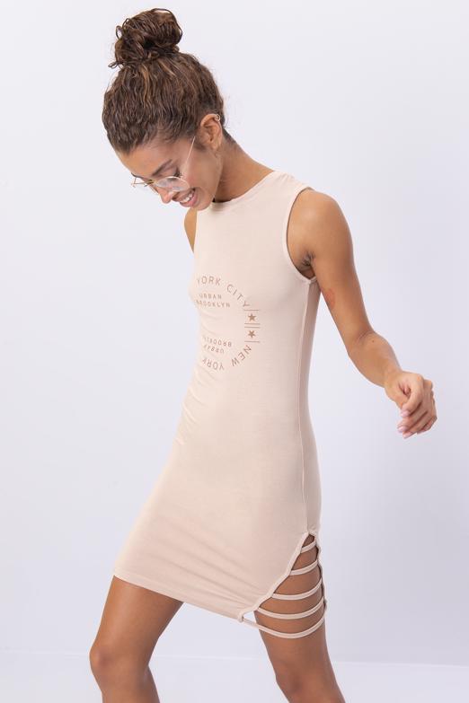 Bayan Bej Ön Baskı Detaylı Mini Elbise - BSL
