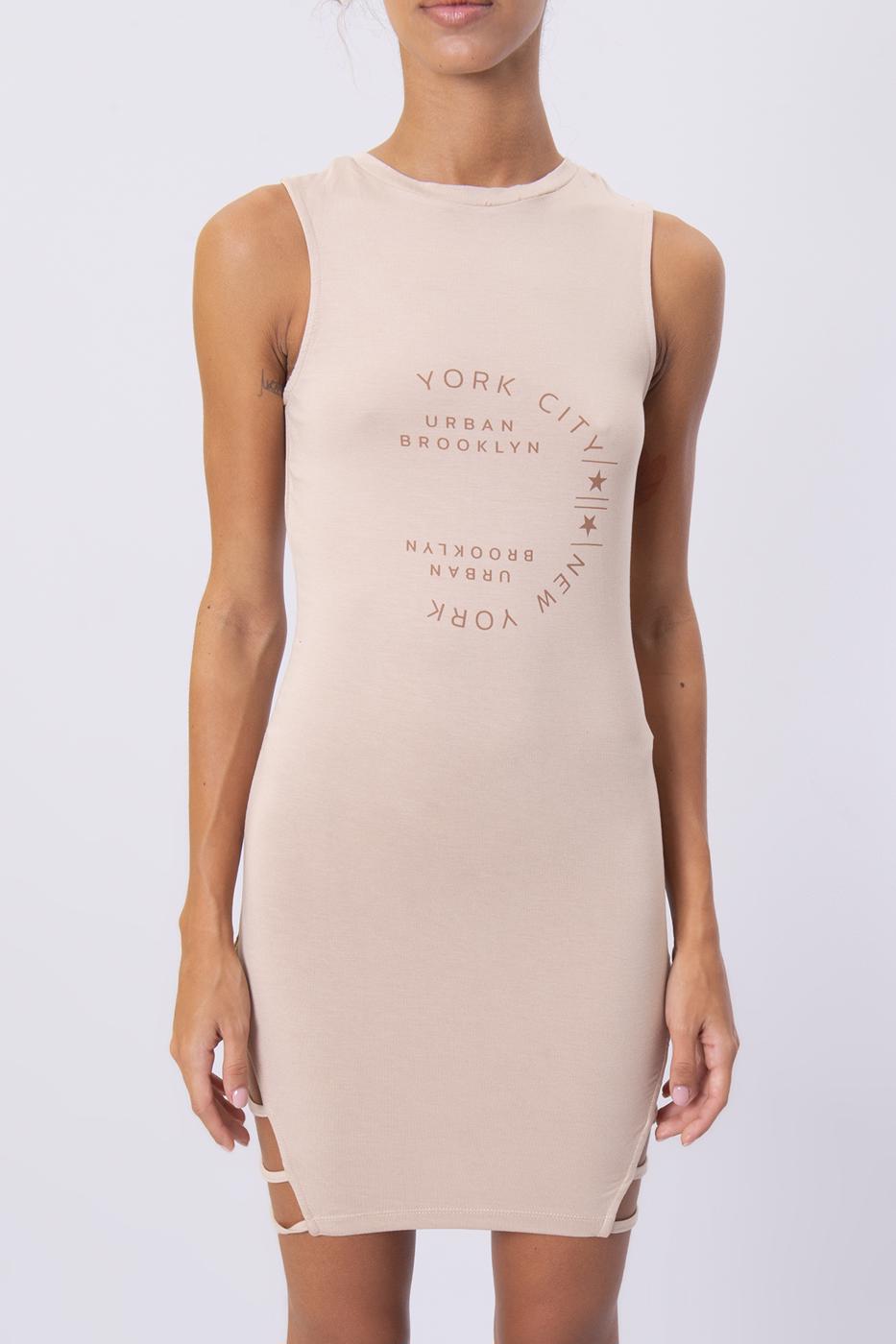 Bayan Bej Ön Baskı Detaylı Mini Elbise