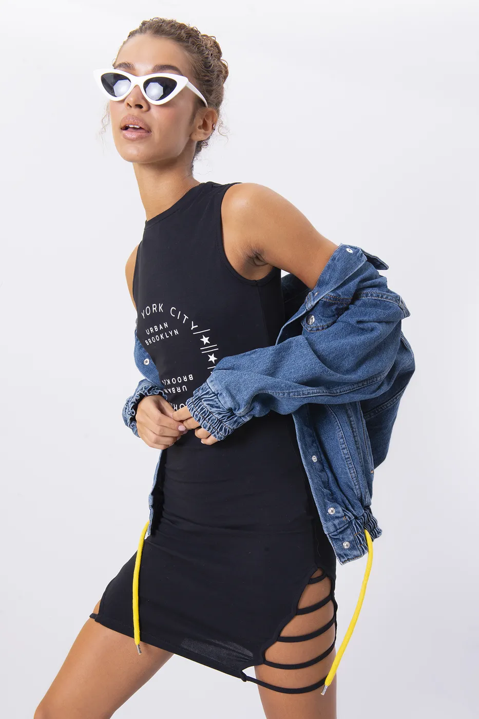 Bayan Siyah Ön Baskı Detaylı Mini Elbise