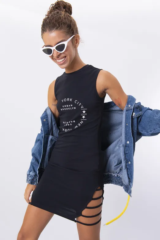 Bayan Siyah Ön Baskı Detaylı Mini Elbise - BSL