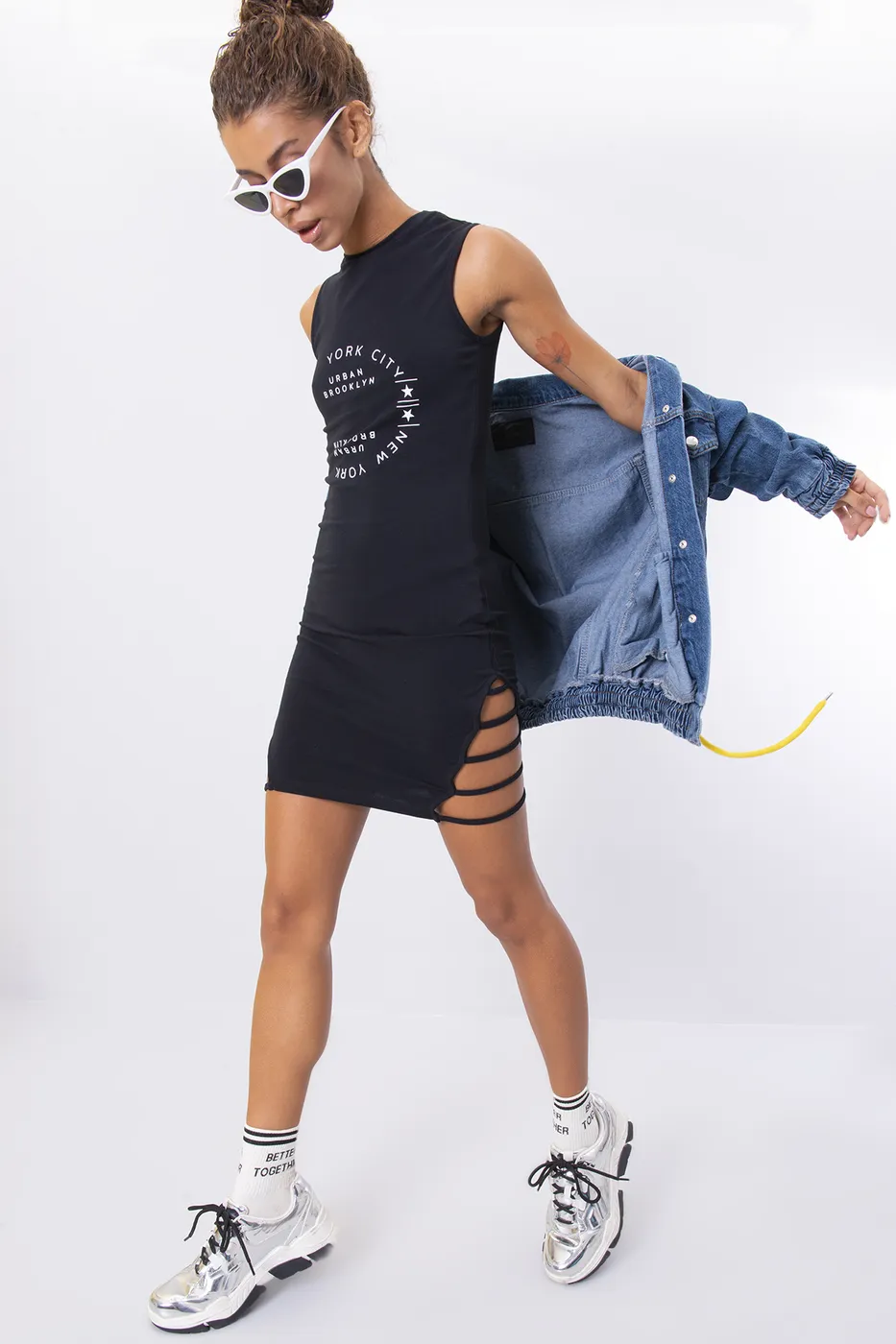 Bayan Siyah Ön Baskı Detaylı Mini Elbise