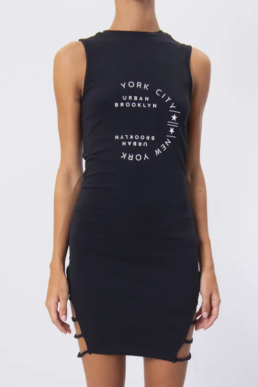 Bayan Siyah Ön Baskı Detaylı Mini Elbise - BSL