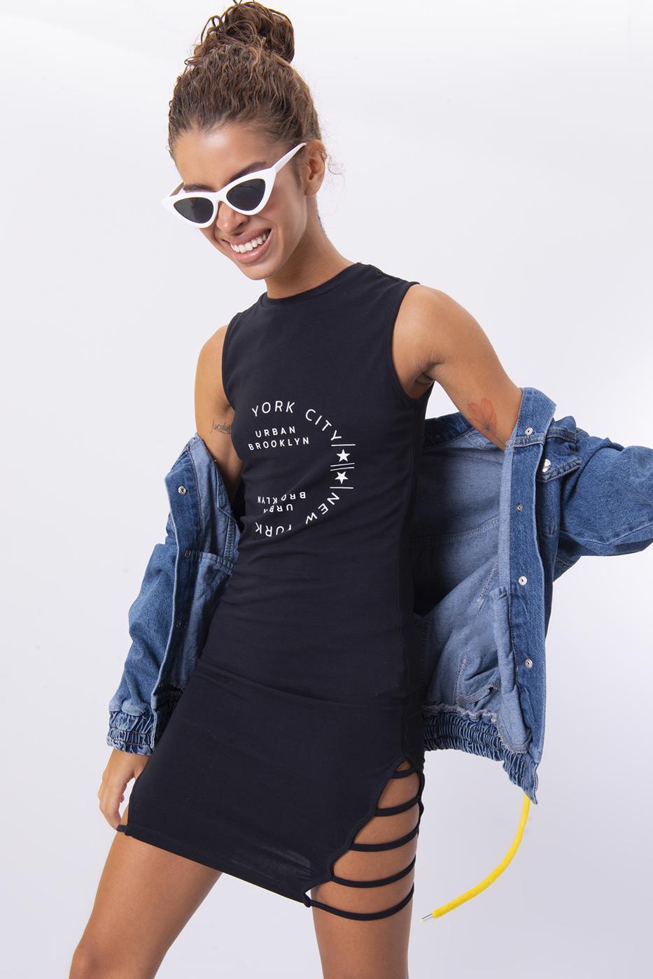 Bayan Siyah Ön Baskı Detaylı Mini Elbise