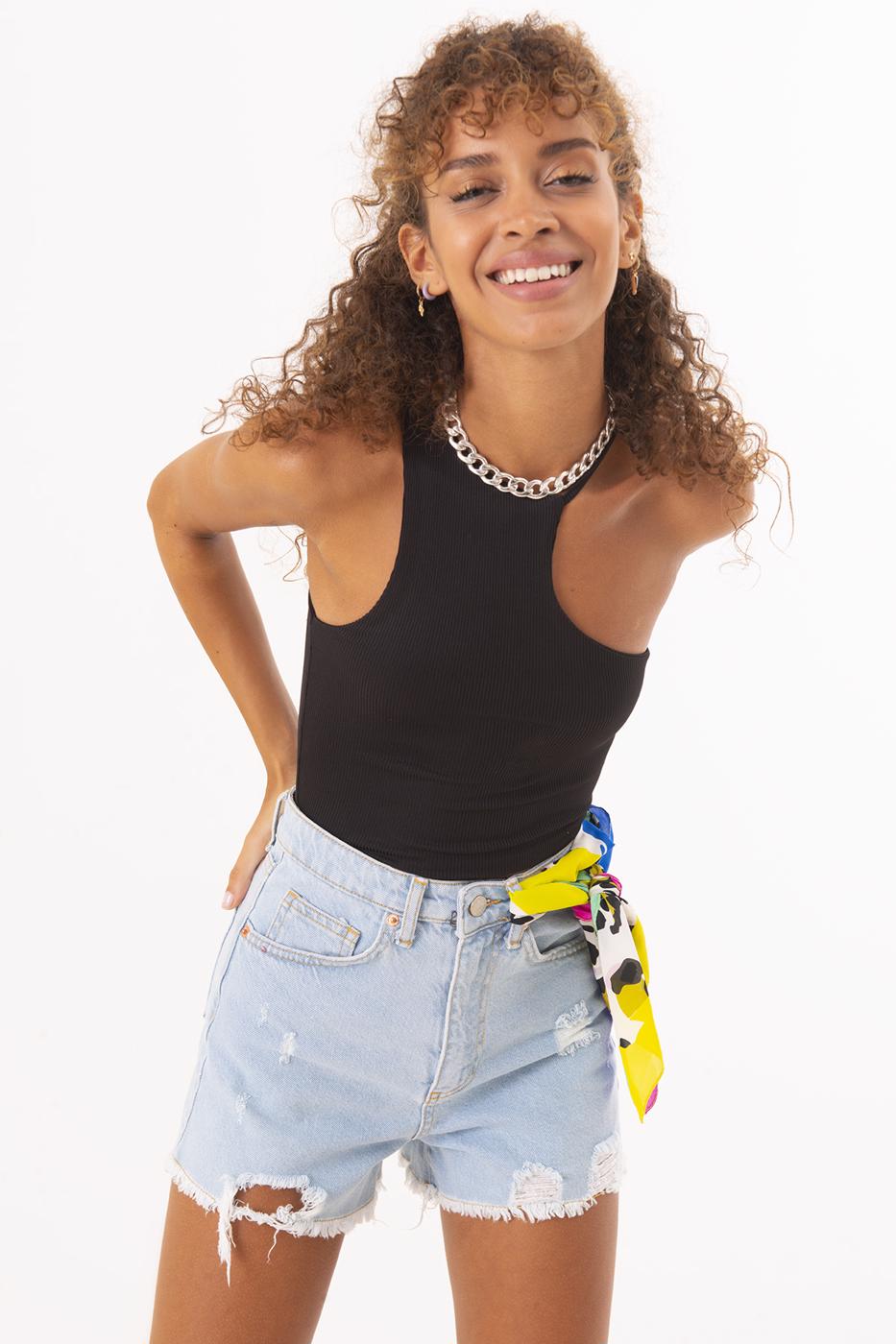 Bayan Mavi Yüksek Bel Yıpratma Detaylı Mini Şort