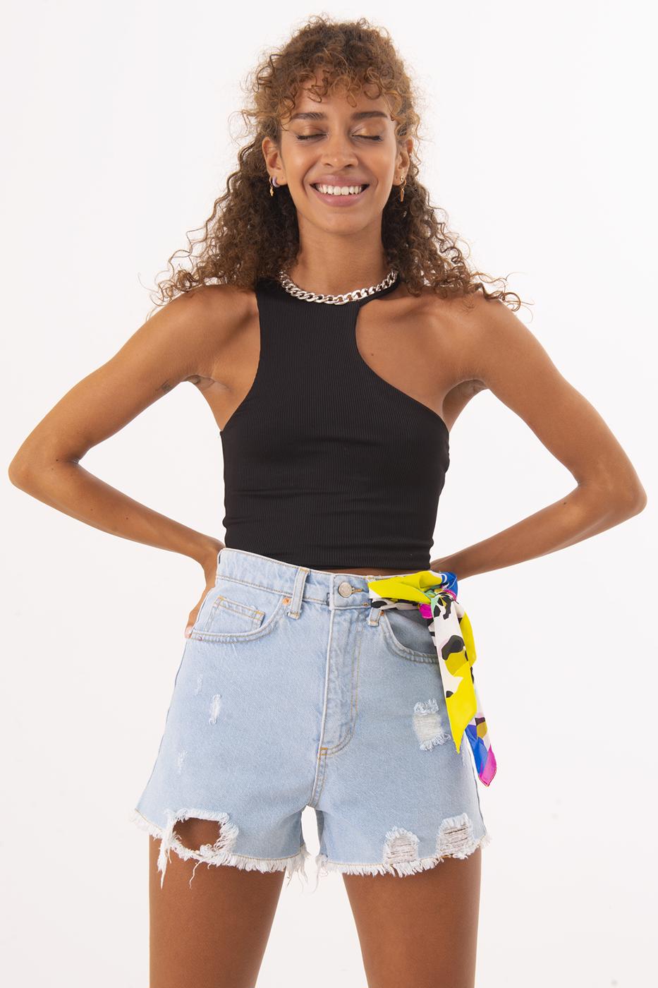 Bayan Mavi Yüksek Bel Yıpratma Detaylı Mini Şort