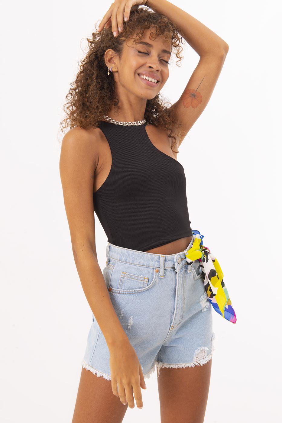 Bayan Mavi Yüksek Bel Yıpratma Detaylı Mini Şort