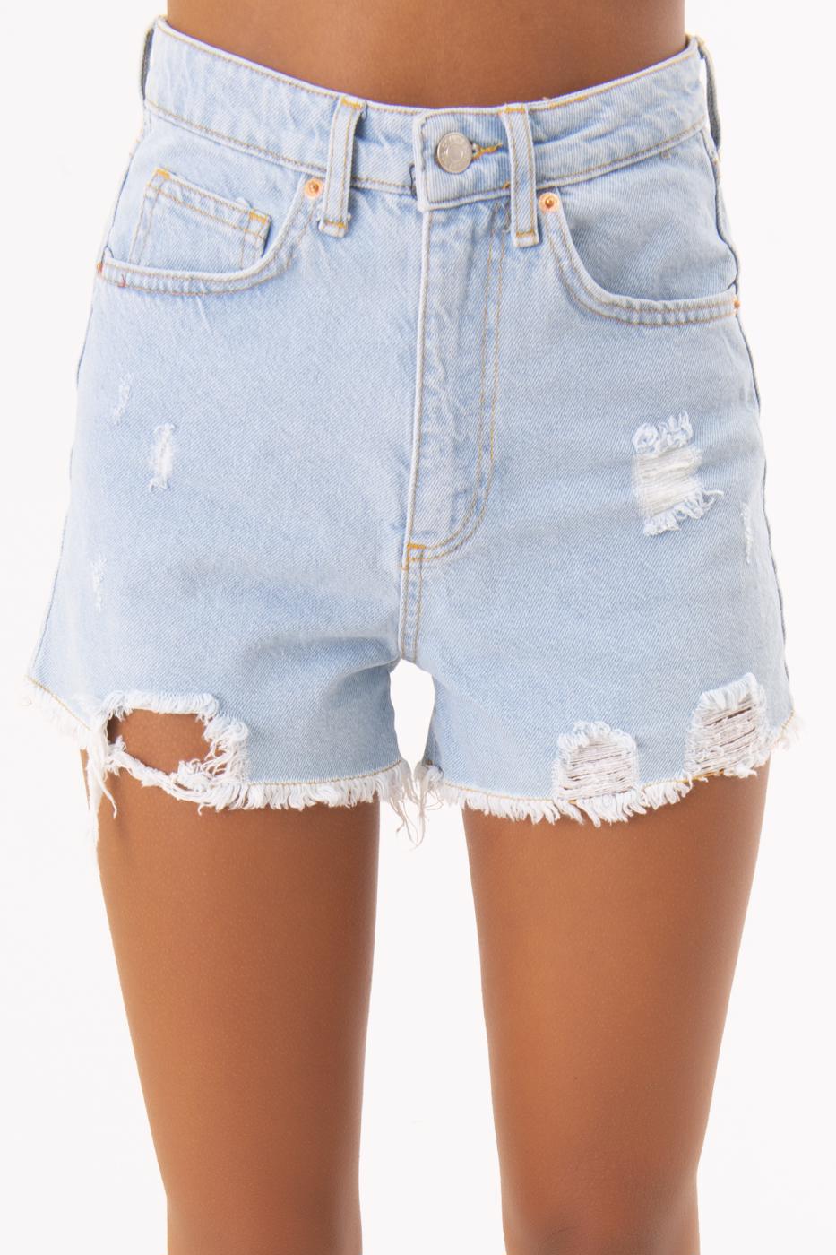 Bayan Mavi Yüksek Bel Yıpratma Detaylı Mini Şort
