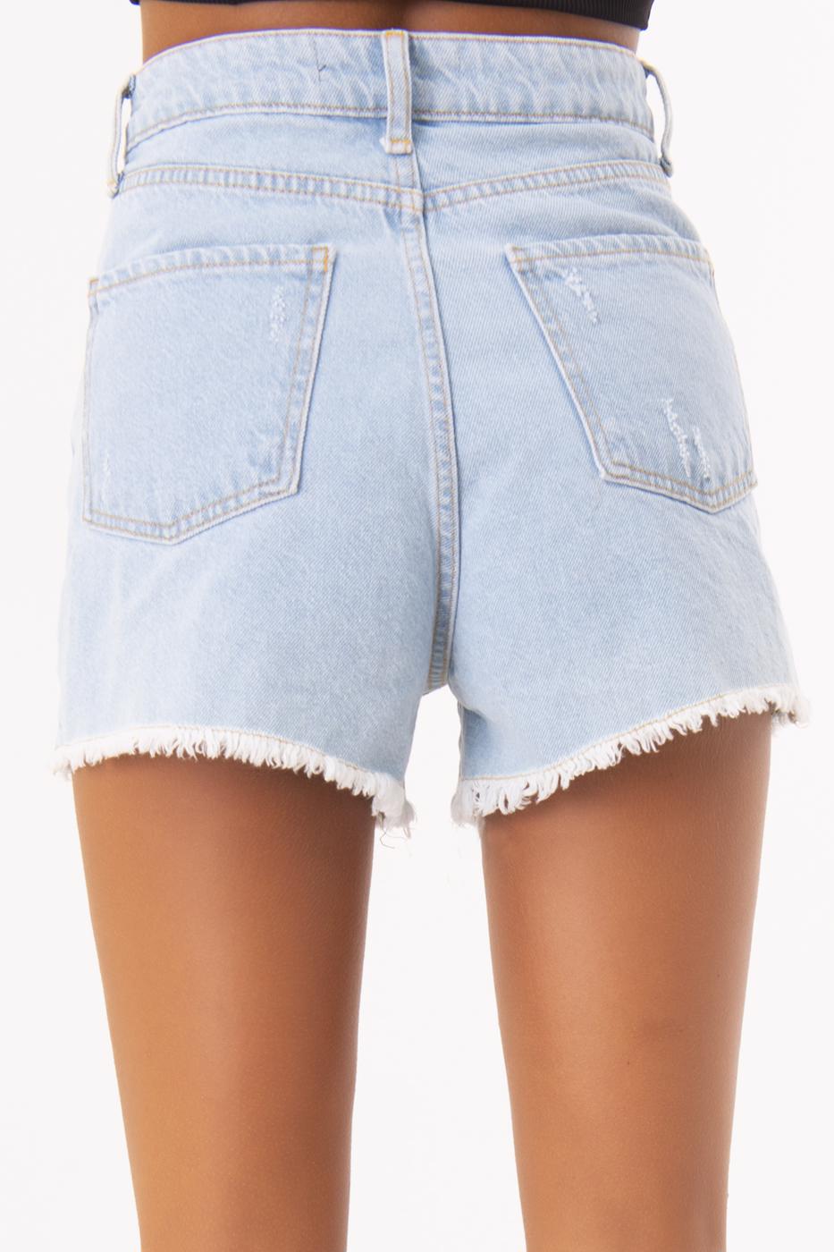 Bayan Mavi Yüksek Bel Yıpratma Detaylı Mini Şort