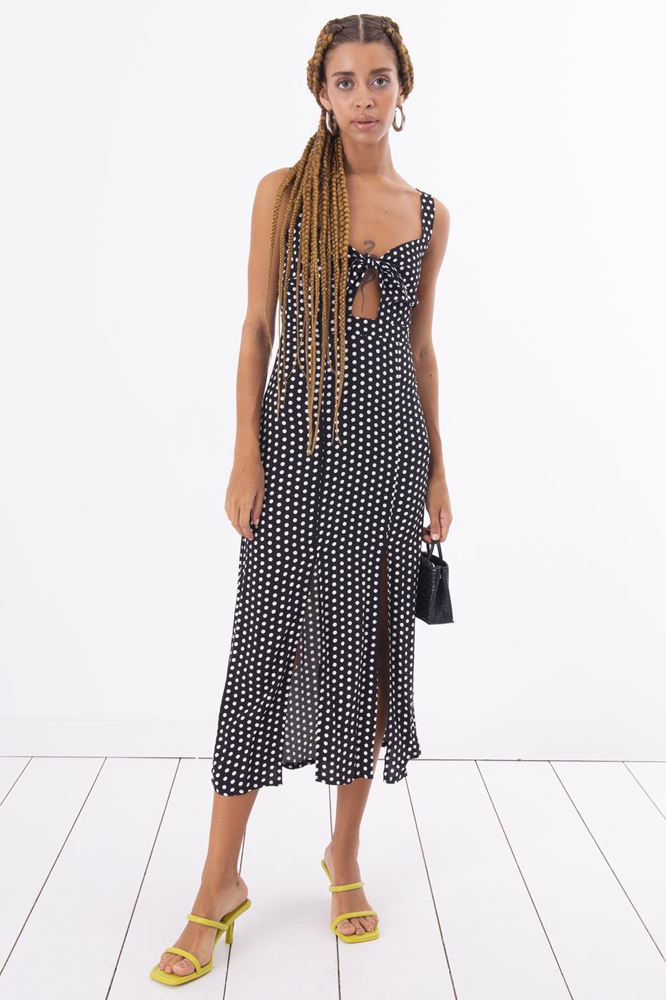 Bayan Siyah Askılı Yırtmaç Detaylı Midi Elbise