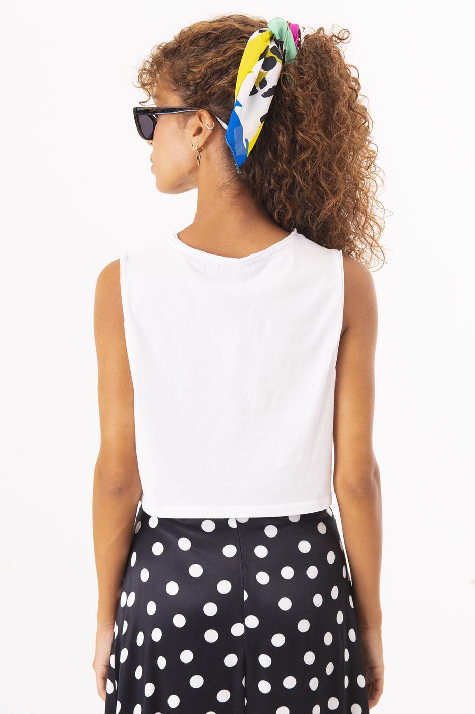 Bayan Beyaz Ön Baskı Detaylı Kolsuz Bluz