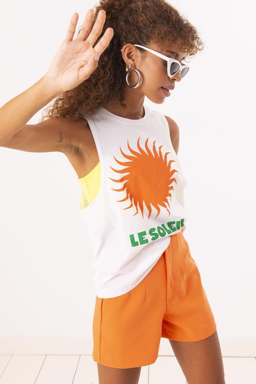 Bayan Beyaz Ön Baskı Detaylı Kolsuz Tişört - BSL