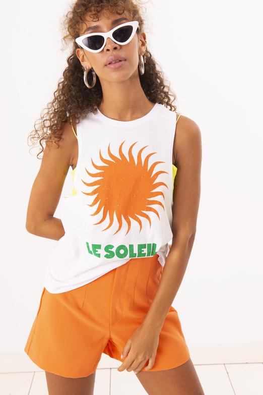 Bayan Beyaz Ön Baskı Detaylı Kolsuz Tişört - BSL