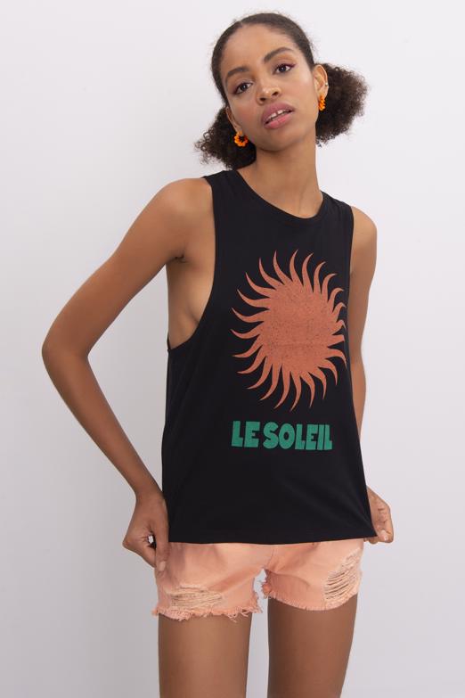 Bayan Siyah Ön Baskı Detaylı Kolsuz Tişört - BSL