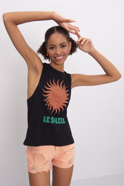 Bayan Siyah Ön Baskı Detaylı Kolsuz Tişört - BSL