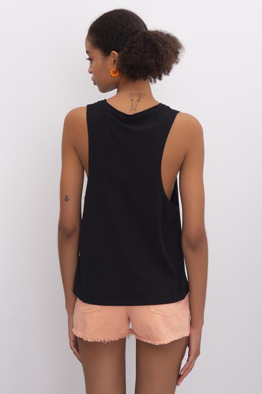 Bayan Siyah Ön Baskı Detaylı Kolsuz Tişört - BSL