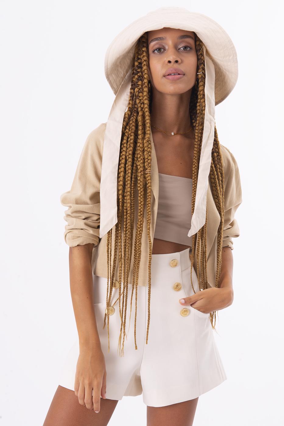 Bayan Ekru Düğme Detaylı Şort