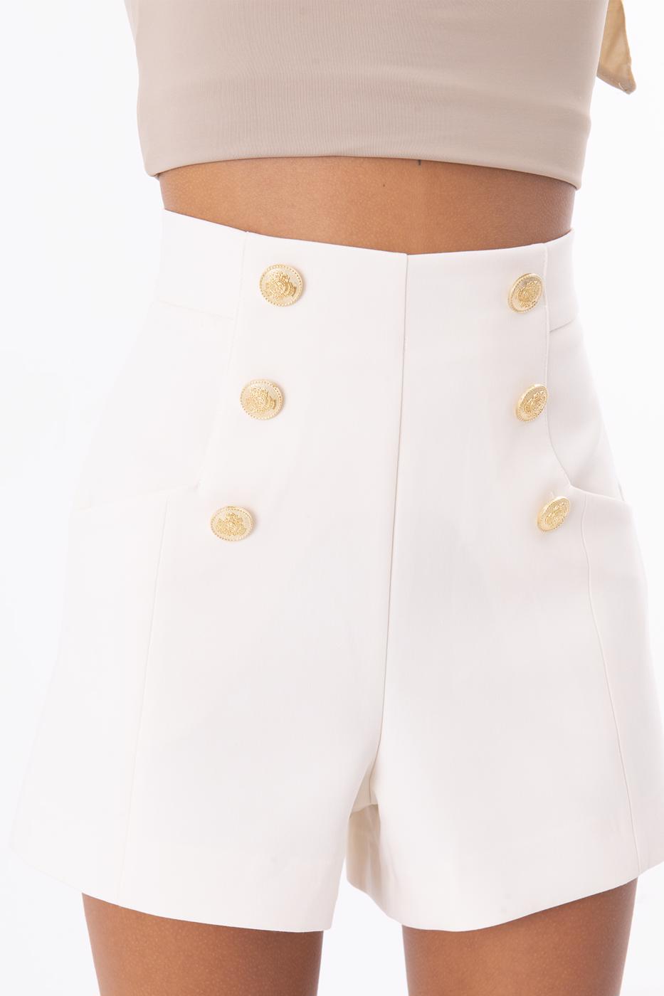 Bayan Ekru Düğme Detaylı Şort