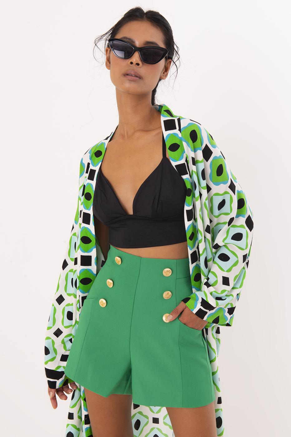Bayan Yeşil Düğme Detaylı Şort