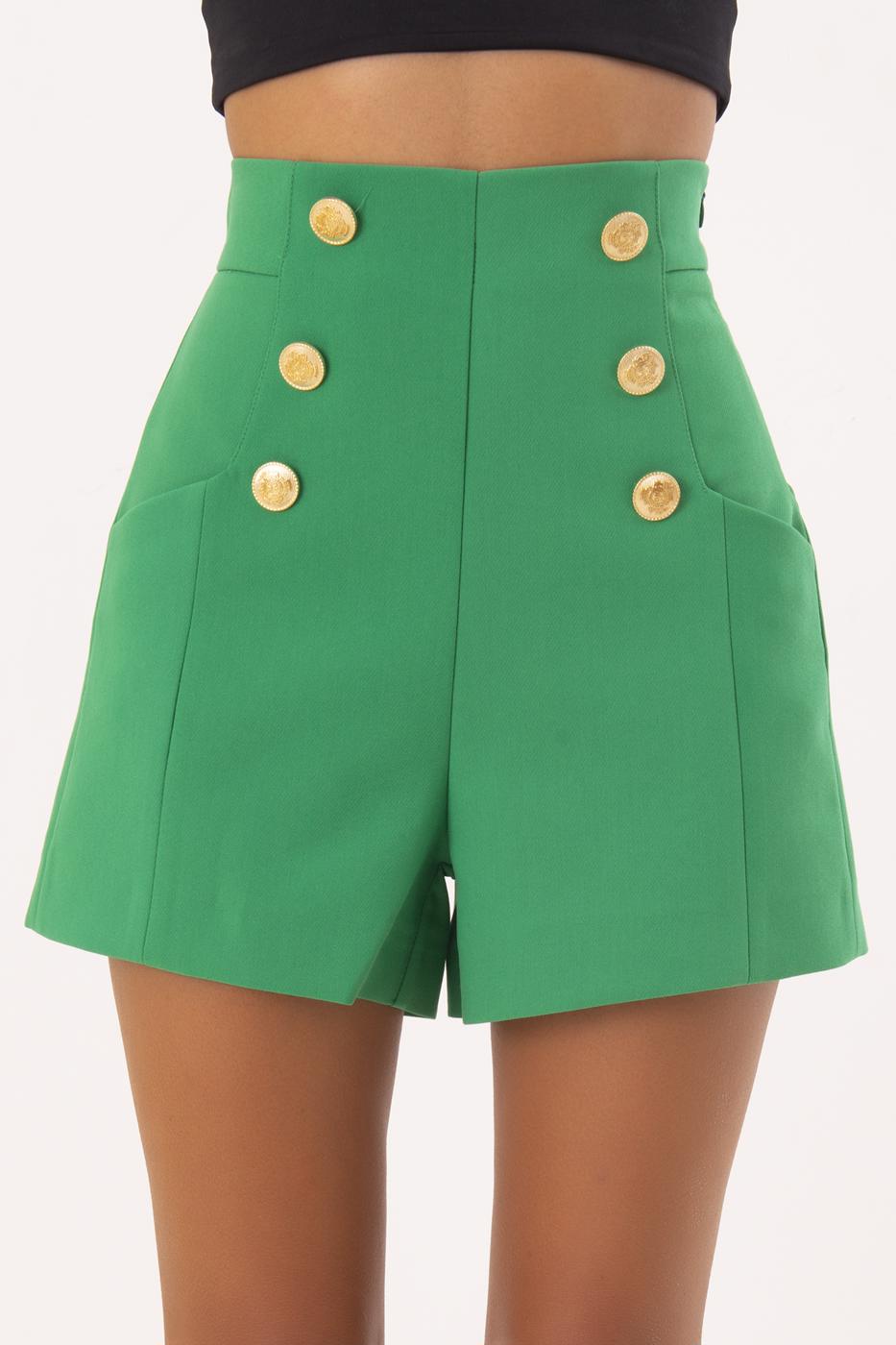 Bayan Yeşil Düğme Detaylı Şort