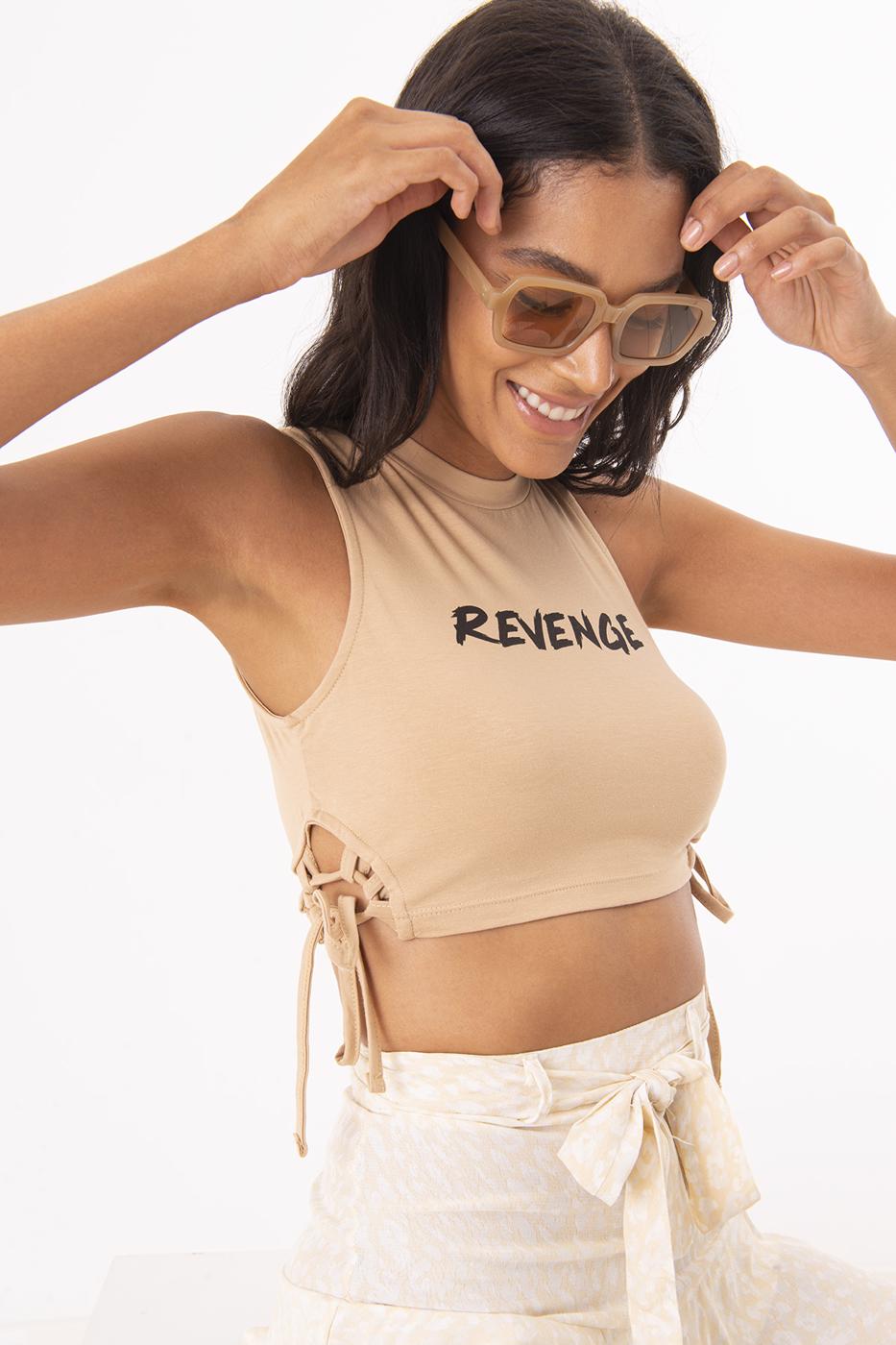 Bayan Bej Ön Baskı Detaylı Bağlamalı Crop Body