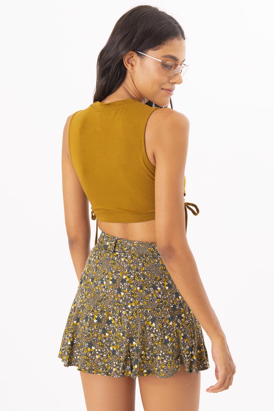 Bayan Yeşil Ön Baskı Detaylı Bağlamalı Crop Body