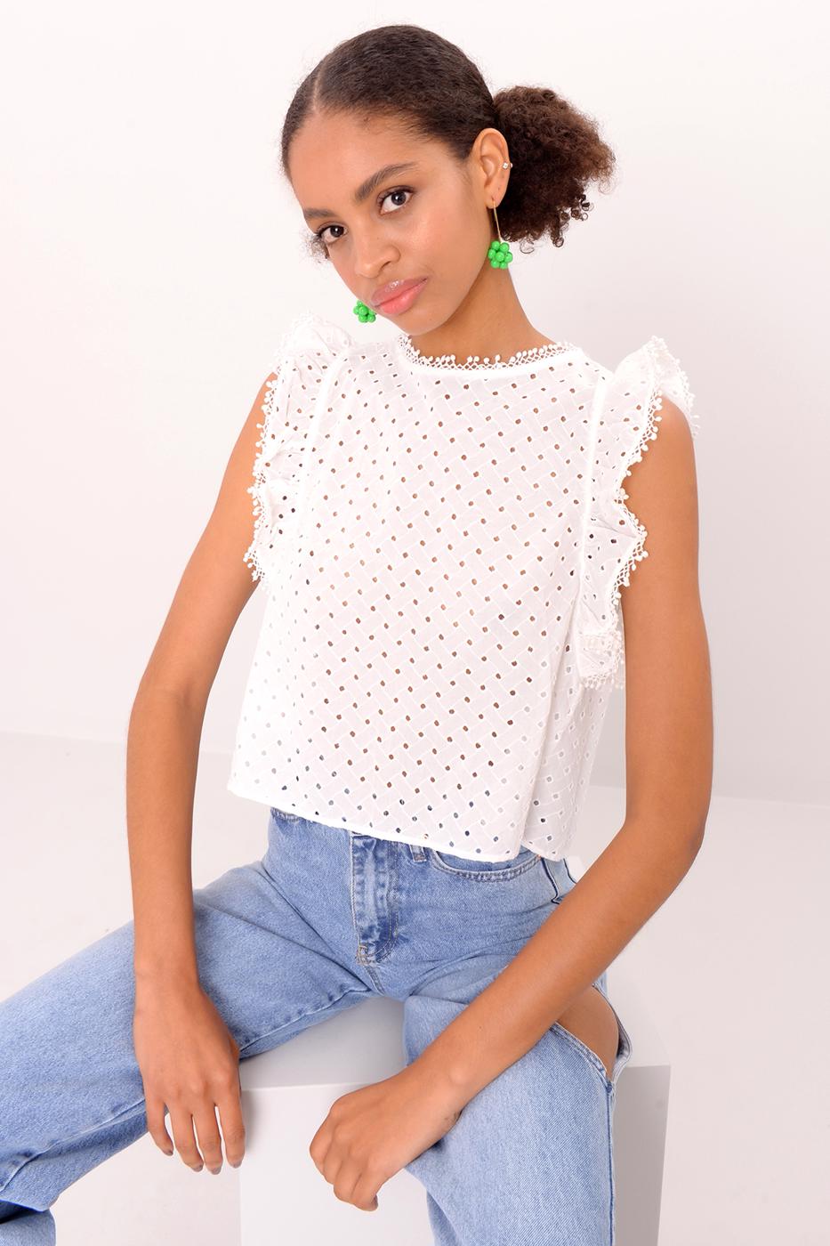 Bayan Beyaz Fırfır Detaylı Bluz