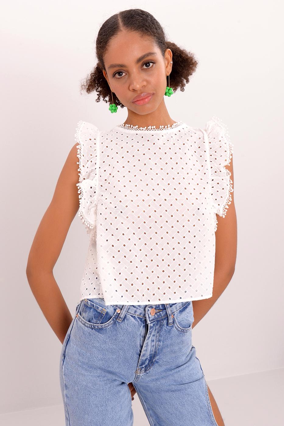 Bayan Beyaz Fırfır Detaylı Bluz