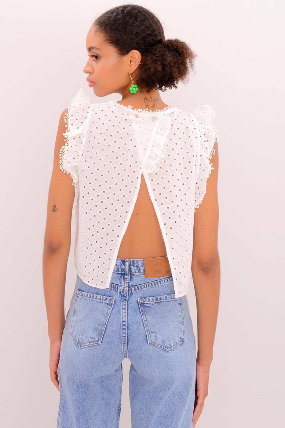 Bayan Beyaz Fırfır Detaylı Bluz