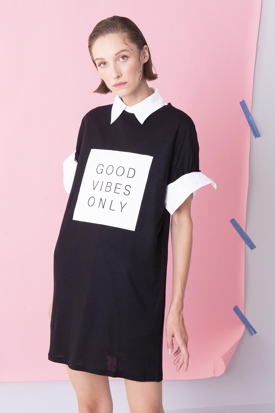 Bayan Siyah Ön Baskı Detaylı Mini Basic Elbise