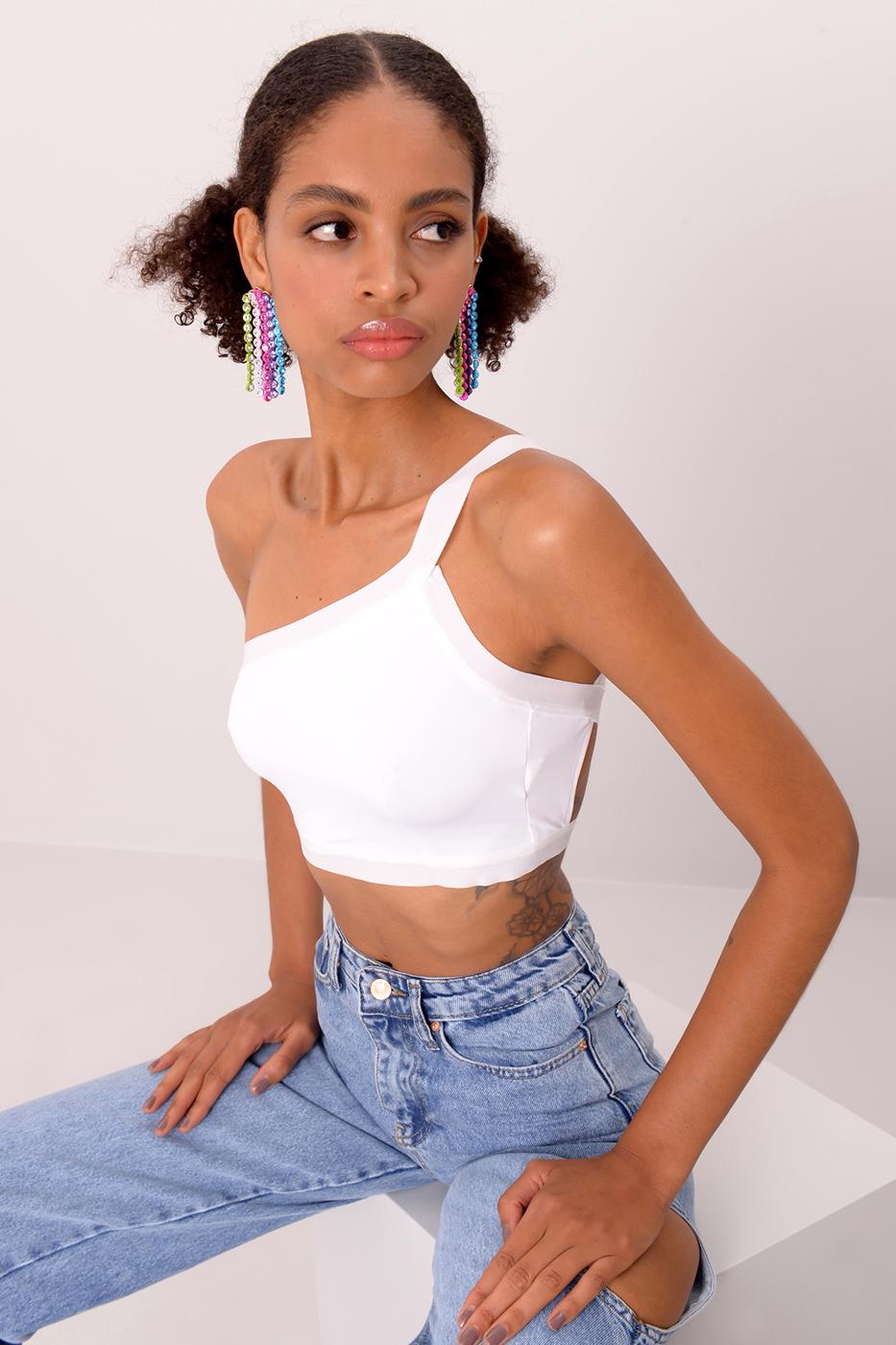 Bayan Beyaz Sırt Bant Detaylı Tek Omuz Büstiyer