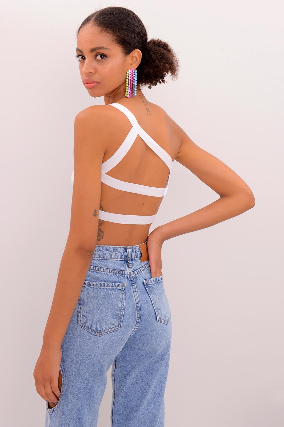 Bayan Beyaz Sırt Bant Detaylı Tek Omuz Büstiyer