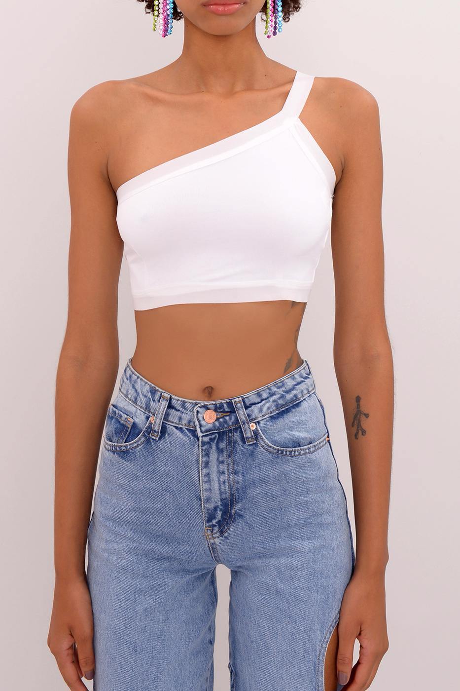 Bayan Beyaz Sırt Bant Detaylı Tek Omuz Büstiyer