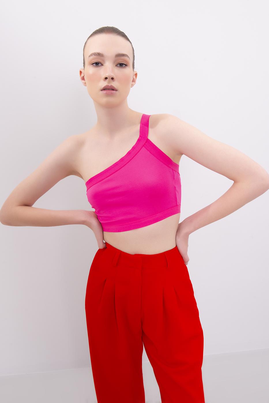 Bayan Pembe Sırt Bant Detaylı Tek Omuz Büstiyer