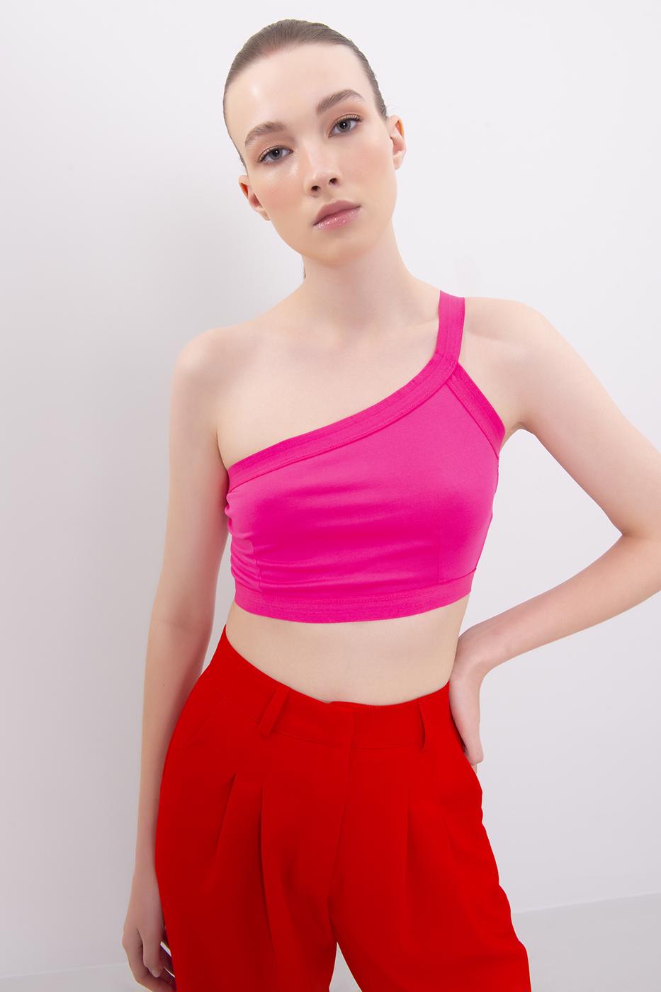 Bayan Pembe Sırt Bant Detaylı Tek Omuz Büstiyer