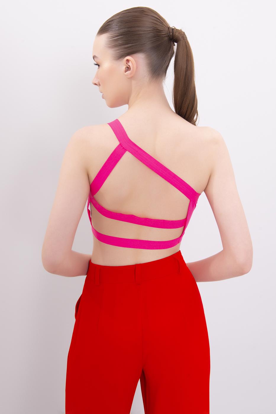 Bayan Pembe Sırt Bant Detaylı Tek Omuz Büstiyer