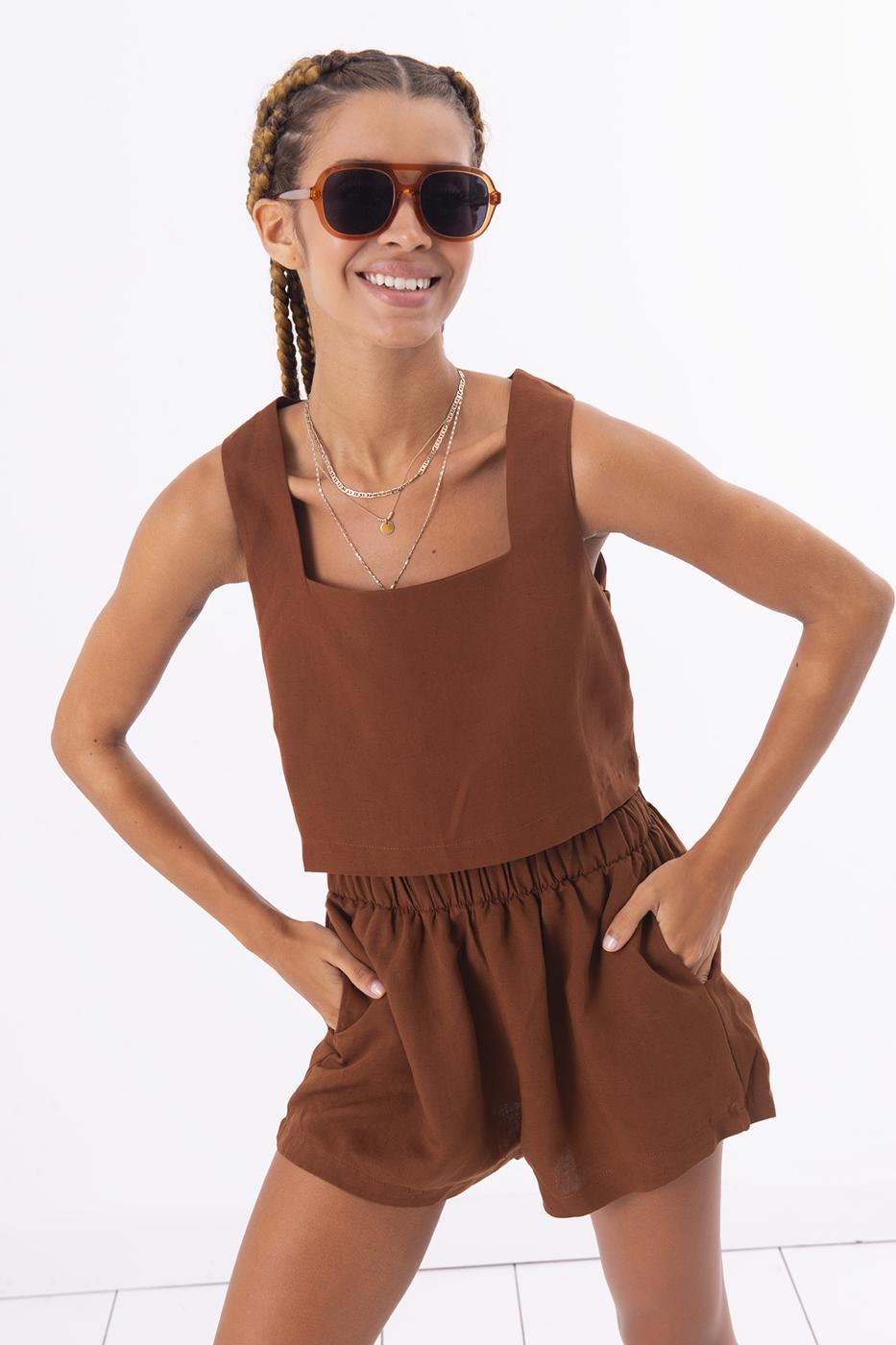 Bayan Kahverengi Bel Lastik Detaylı Mini Keten Şort