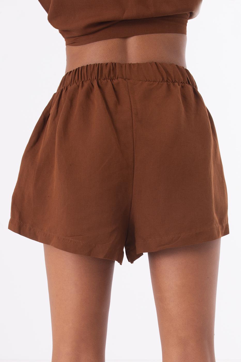 Bayan Kahverengi Bel Lastik Detaylı Mini Keten Şort