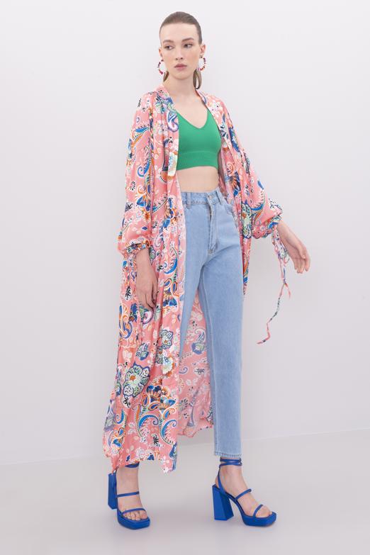 Bayan Pembe Kol Ağzı Büzdürme Detaylı Uzun Kimono - BSL