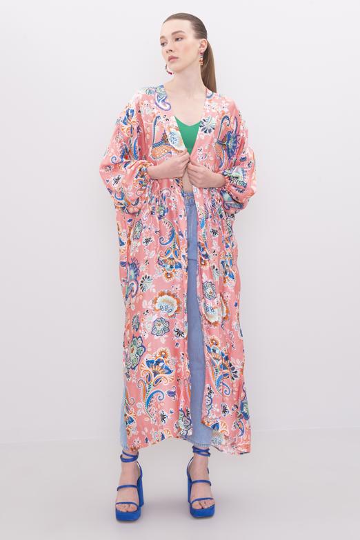 Bayan Pembe Kol Ağzı Büzdürme Detaylı Uzun Kimono - BSL