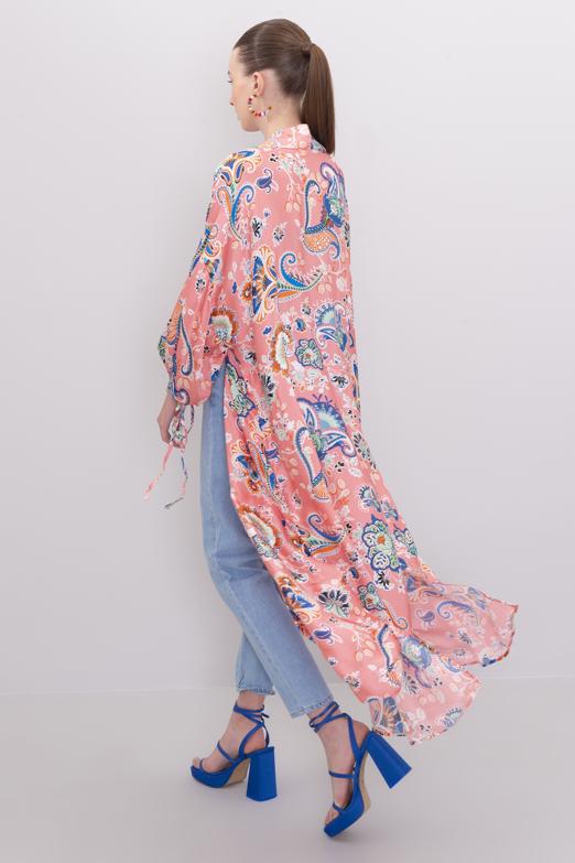 Bayan Pembe Kol Ağzı Büzdürme Detaylı Uzun Kimono - BSL