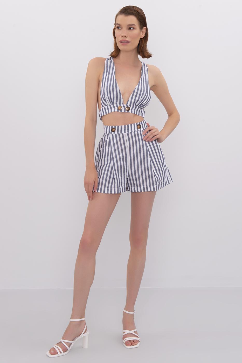 Bayan Lacivert Cep Detaylı Keten Şort