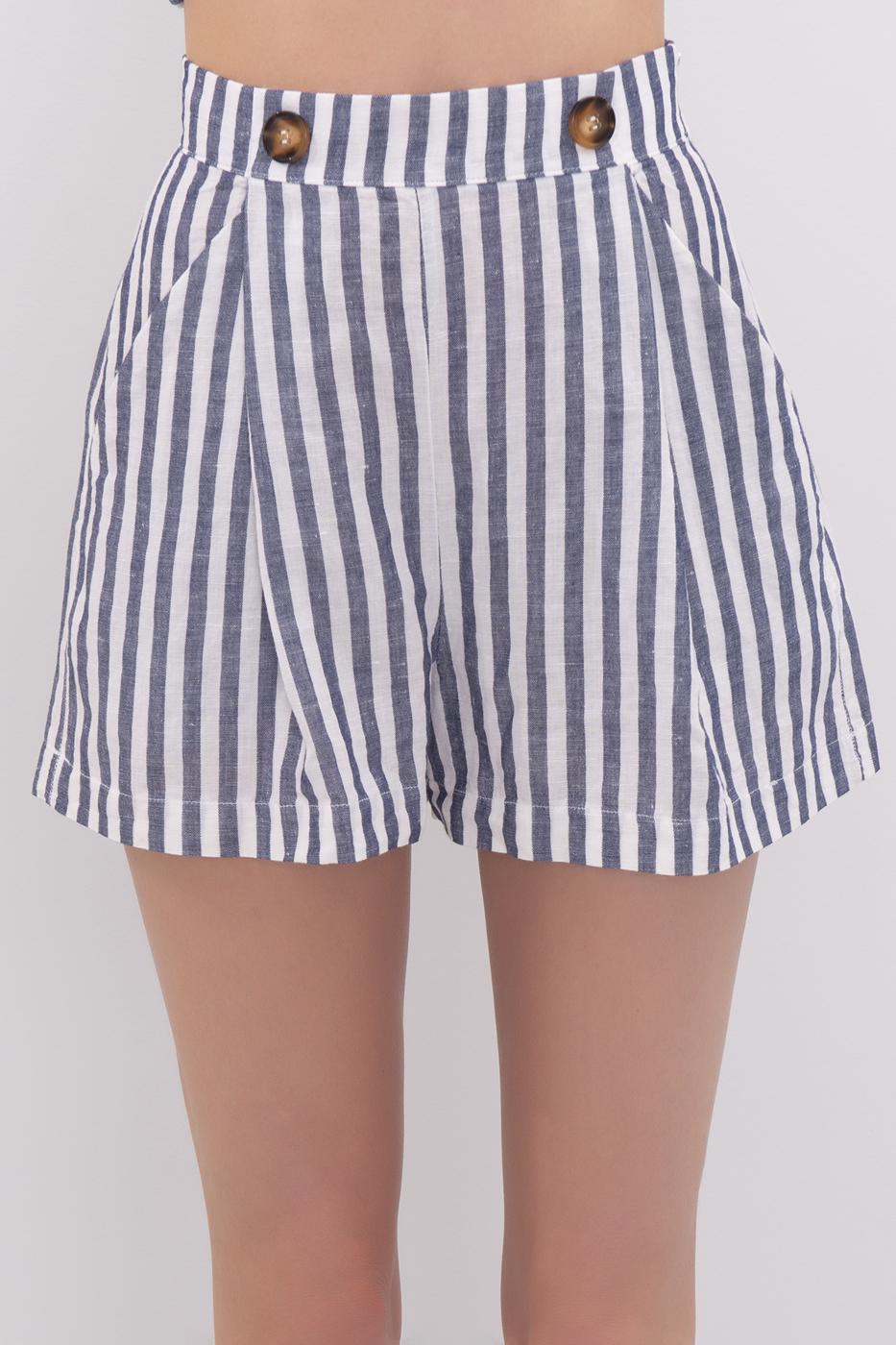 Bayan Lacivert Cep Detaylı Keten Şort