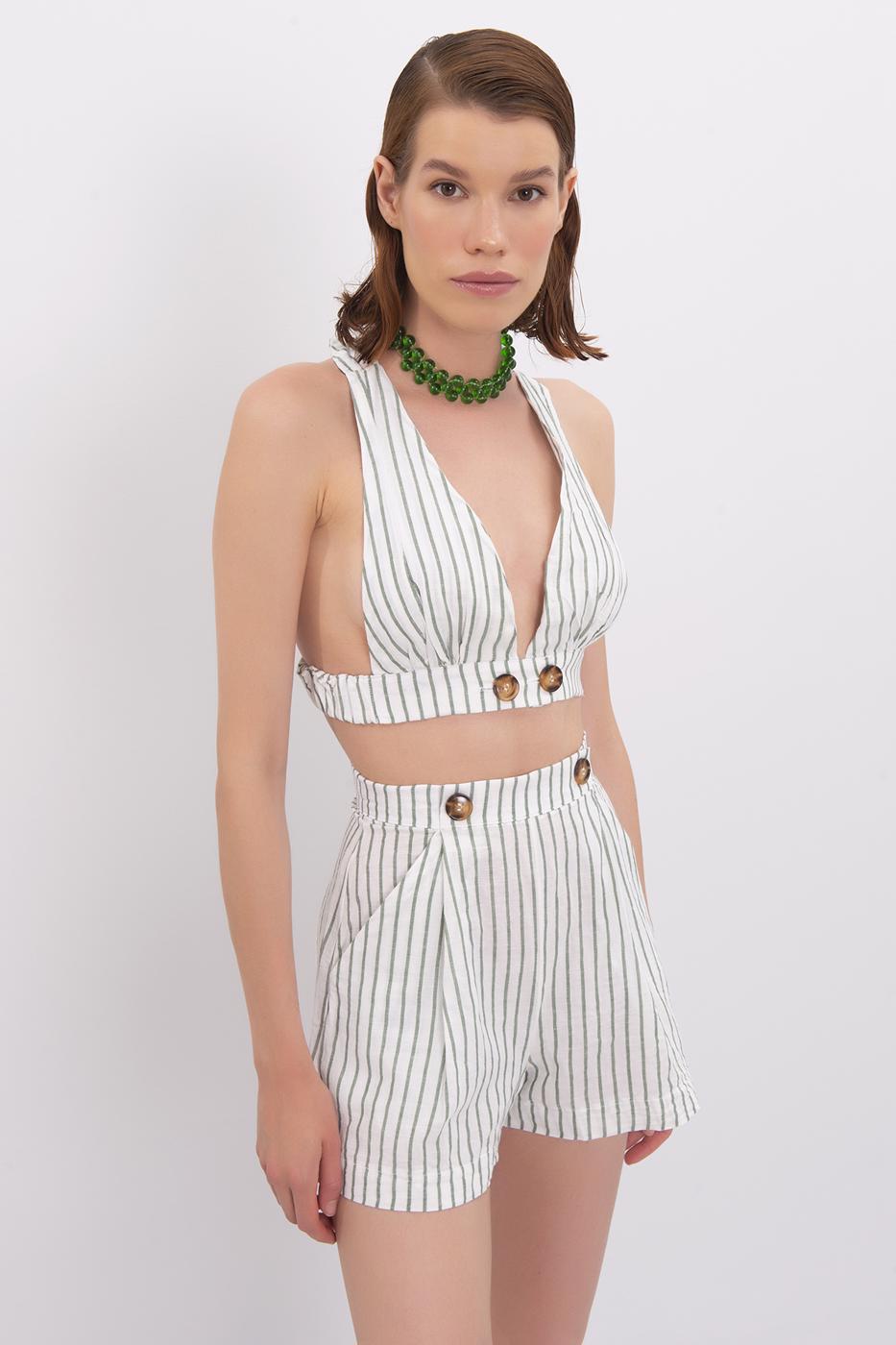 Bayan Yeşil Cep Detaylı Keten Şort