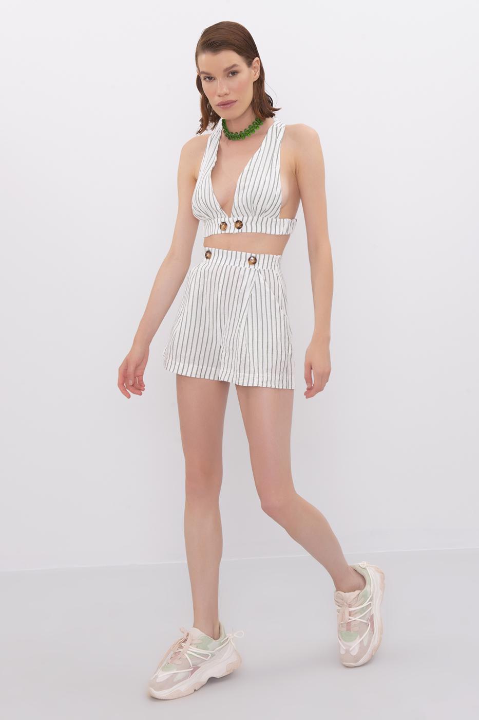 Bayan Yeşil Cep Detaylı Keten Şort